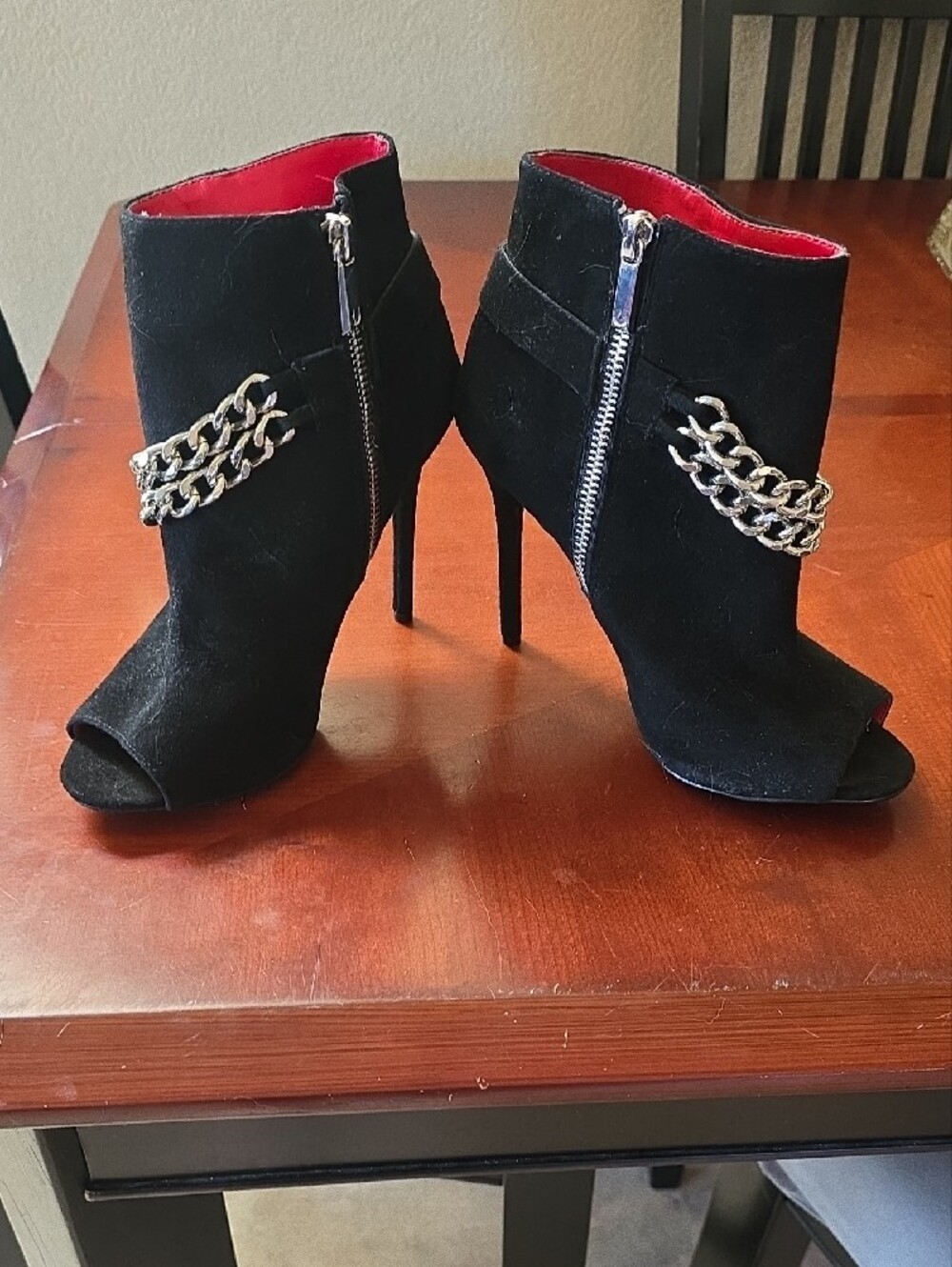 Charles Jourdan Black Open-Toe Ankle Boots with Silver Chain